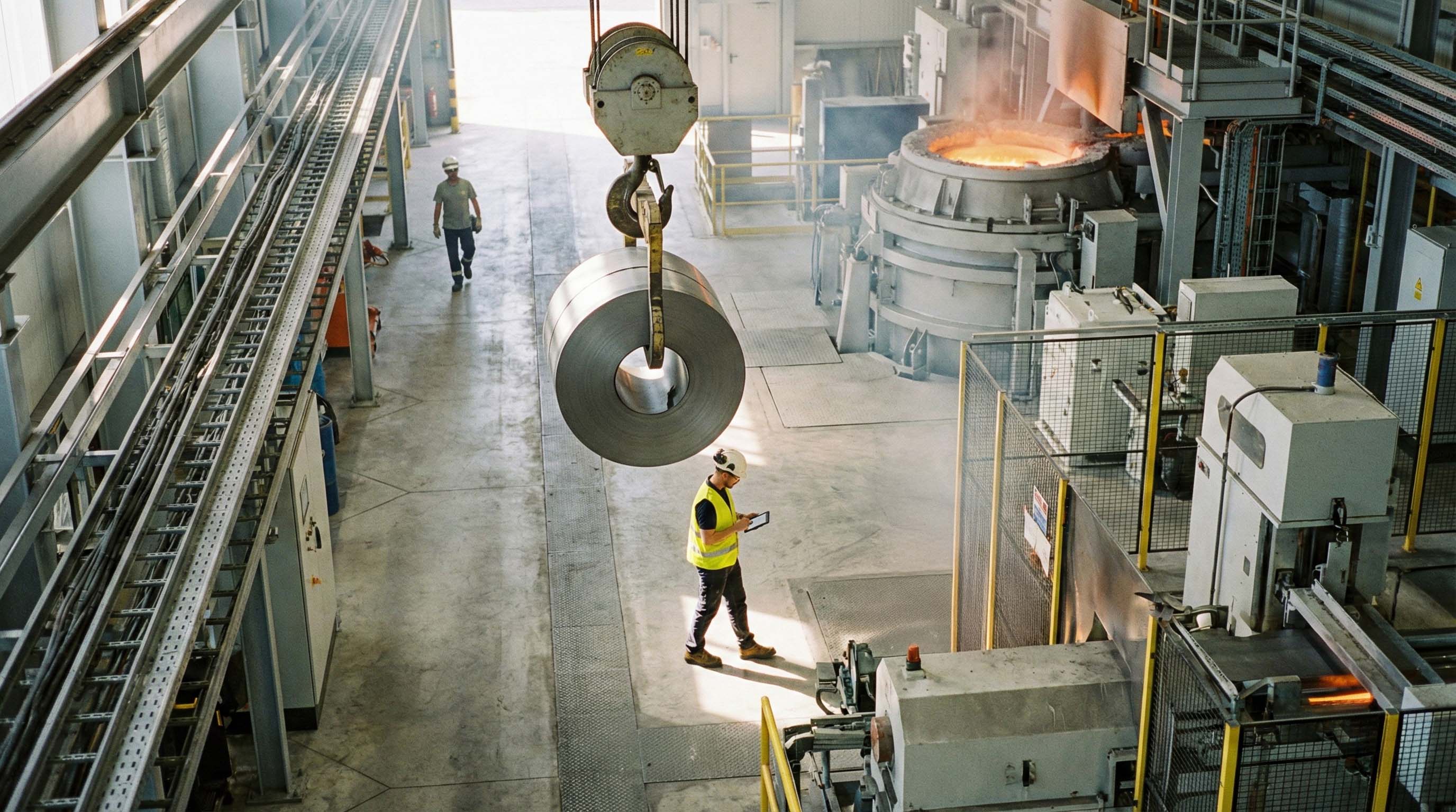 Industrial worker monitoring safety on a factory floor
